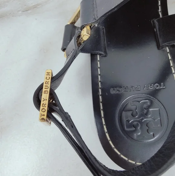 EUC Tory Burch Black Perforated Leather Logo Thong Sandals, Sz 7 - Picture 8 of 9